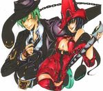  1girl bare_shoulders belt black_hair blazblue blue_eyes breasts chain crossover fingerless_gloves fujimoto_nana_ho_taku_yukari gloves green_hair guilty_gear guitar hat hazama i-no instrument large_breasts miniskirt mole mole_above_mouth necktie red_hat short_hair skirt thighhighs trait_connection underboob 