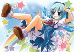  blue_eyes blue_hair blush bow cirno dress flower hair_bow kawai_kei_(artist) open_mouth rainbow short_hair smile solo star touhou wings 