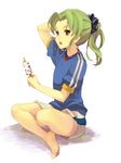  bad_id bad_pixiv_id barefoot bunkyo_takemi crossed_legs feet food green_hair ice_cream inazuma_eleven inazuma_eleven_(series) inazuma_japan long_hair male_focus midorikawa_ryuuji otoko_no_ko ponytail sitting soccer_uniform solo sportswear 