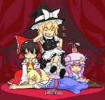  :&lt; alice_margatroid bad_deviantart_id bad_id black_hair blonde_hair blush boots bow brown_hair capelet closed_eyes crescent detached_sleeves drink frown grin hair_bow hair_ribbon hairband hakurei_reimu hat highres k0n3k0 kirisame_marisa lying multiple_girls patchouli_knowledge purple_hair ribbon short_hair sitting sitting_on_person smile touhou witch_hat 