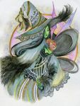  animal animal_on_shoulder bad_id bad_pixiv_id black_hair closed_eyes corset demon_wings feathers green_skin hat hat_over_one_eye lace lion103 long_hair monkey solo the_wizard_of_oz traditional_media watercolor_(medium) wicked_witch wings witch witch_hat 