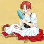  ahoge apron axis_powers_hetalia boots braid brown_eyes brown_hair cosmetics crossdressing dress hand_mirror high_heels lipstick lipstick_tube makeup makeup_brush male_focus mirror northern_italy_(hetalia) ribbon shoes solo wig 