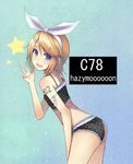  aqua_eyes ass bad_id bad_pixiv_id bare_shoulders blonde_hair blush bra hair_ornament hair_ribbon hairclip hazymoooooon kagamine_rin lingerie open_mouth panties polka_dot polka_dot_bra polka_dot_panties ribbon short_hair smile solo tattoo underwear underwear_only v vocaloid 