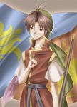  bandana brown_hair gensou_suikoden gensou_suikoden_i hagu_toto male_focus red_eyes solo staff tattoo tears tir_mcdohl true_rune 