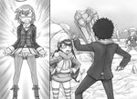  2girls boots coat greyscale hat kamijou_touma kuontendou legs legwear_under_shorts lessar misaka_mikoto monochrome multiple_girls pantyhose scarf shorts skirt snow to_aru_majutsu_no_index winter_clothes 