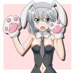  animal_ears breasts bunny_ears fan fang highres medium_breasts navel paws sanya_v_litvyak solo strike_witches takumi_(rozen_garten) white_hair world_witches_series 