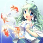  :d bad_id bad_pixiv_id blue_eyes breasts detached_sleeves fish floating frog goldfish green_hair hair_ornament kochiya_sanae long_hair medium_breasts navel open_mouth oruto_(ort+) smile solo touhou wind_chime 