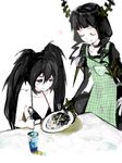  apron banned_artist bikini_top black_rock_shooter black_rock_shooter_(character) closed_eyes curry dead_master food horns long_hair multiple_girls tegaki tribute 