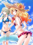  ass bare_shoulders bikini blonde_hair blue_eyes blush braid cloud day flat_chest flower frilled_bikini frills front-tie_top gradient_hair hand_in_hair hat hat_flower innertube izayoi_sakuya kirisame_marisa lips long_hair looking_back matilda multicolored_hair multiple_girls navel orange_hair shy side-tie_bikini silver_hair sky straw_hat sunflower swimsuit touhou twin_braids yellow_eyes 