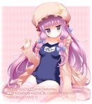  argyle argyle_background arm_support blush crescent hands hat jitome long_hair name_tag one-piece_swimsuit patchouli_knowledge pikazo purple_eyes purple_hair school_swimsuit sitting solo striped striped_legwear swimsuit thighhighs touhou translation_request 