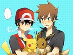  2boys alternate_costume baseball_cap black_hair brown_hair closed_eyes eevee gen_1_pokemon green_eyes hat hug male_focus multiple_boys ookido_green pikachu pixiv_red pokemon pokemon_(creature) pokemon_(game) pokemon_frlg pokemon_rgby red_(pokemon) red_(pokemon_frlg) red_(pokemon_rgby) red_eyes surprised yuu_(lyric) 