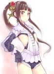  atelier_(series) atelier_totori flat_chest gloves hair_ornament hand_on_hip kamoto_tatsuya leotard long_hair mimi_houllier_von_schwarzlang purple_eyes side_cutout side_ponytail solo 