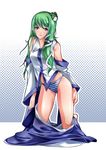  detached_sleeves frog green_hair hair_ornament japanese_clothes kochiya_sanae long_hair panties purple_eyes snake solo striped striped_panties sumi_(joker) touhou underwear 