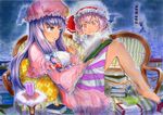  bad_id bad_pixiv_id barefoot bat_wings book bookmark couch crossed_arms cup feet hat izayoi_sakuya legs marker_(medium) mayo_riyo multiple_girls patchouli_knowledge purple_eyes purple_hair red_eyes remilia_scarlet sitting smile teacup touhou traditional_media wings 