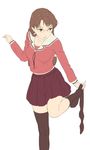  azumanga_daiou braid brown_eyes brown_hair egawa_satsuki glasses mizuhara_koyomi school_uniform serafuku sock_pull standing standing_on_one_leg thighhighs thighhighs_pull twin_braids undressing 