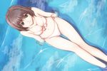  arm_support bad_id bad_pixiv_id bikini breasts brown_eyes brown_hair cleavage cloud day dutch_angle from_above front-tie_top highres legs looking_up medium_breasts original reflection ryoku short_hair sitting smile solo submerged swimsuit thigh_gap water 