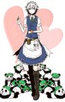  blue_eyes boots braid hat highres holding_needle hong_meiling hong_meiling_(panda) izayoi_sakuya maid monocle needle neko_majin panda sewing short_hair silver_hair solo thread touhou twin_braids 