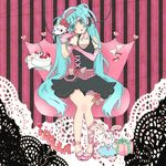  aqua_eyes aqua_hair asymmetrical_gloves bunny cake dress food gift glass gloves hatsune_miku headphones heart hourglass idolla_(vocaloid) leg_garter legs long_hair misa_(pink-rose) pastry pink_gloves sitting solo stuffed_animal stuffed_bunny stuffed_toy twintails very_long_hair vocaloid 