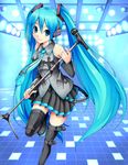  aqua_eyes aqua_hair blush cross detached_sleeves hatsune_miku headphones long_hair microphone microphone_stand necktie skirt smile solo taiyou_(tori_no_su_studio) thighhighs very_long_hair vocaloid 