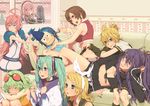  6+girls absurdres aqua_eyes aqua_hair bikini_top black_rock_shooter black_rock_shooter_(character) black_rock_shooter_(character)_(cosplay) blonde_hair blue_eyes blue_hair blue_scarf blush brown_eyes brown_hair buruma camcorder cosplay everyone gloves green_hair gumi hair_ornament hair_ribbon hairclip hatsune_miku hattori_kanzou highres kagamine_len kaito kaito_(cosplay) kamui_gakupo kamui_gakupo_(cosplay) long_hair megurine_luka meiko multiple_boys multiple_girls nayu ninja_hattori-kun ribbon scarf sf-a2_miki short_hair shorts smile tears twintails vocaloid 