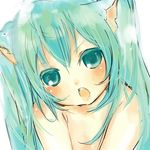  :o animal_ears aqua_eyes aqua_hair bad_id bad_pixiv_id cat_ears close-up colored_eyelashes face frown hatsune_miku long_hair meola open_mouth solo twintails vocaloid 