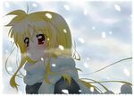  blonde_hair blush breath fate_testarossa long_hair lyrical_nanoha mahou_shoujo_lyrical_nanoha_strikers red_eyes scarf snow solo tokoharu 