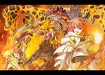  alternate_form dual_persona duel_monster fire fox_fire_(yuu-gi-ou) hiita hitohautsu inari_fire lava_golem_(yuu-gi-ou) midriff molten_rock multiple_girls red_eyes red_hair royal_firestorm_guards staff volcanic_counter volcanic_doomfire volcanic_rocket yuu-gi-ou 