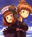  bird blue_eyes brown_eyes dress elbow_gloves eva_beatrice fang flower gloves hat orange_hair rose seagull sky smile umineko_no_naku_koro_ni ushiromiya_eva 