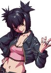  artist_request black_hair breasts chains choker cleavage gaia_online jacket jewelry lowres moira_(gaia_online) navel ring tattoo 