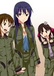  angry blue_hair breasts brown_hair cleavage green_eyes hair_ornament hair_ribbon hairclip hamihe kazumiya_rio long_hair medium_breasts military military_uniform multiple_girls ribbon short_hair sora_no_woto sorami_kanata suminoya_kureha twintails uniform 