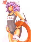  covered_navel flat_chest hat innertube kuronuko_neero leg_garter one-piece_swimsuit pointy_ears purple_hair red_eyes remilia_scarlet school_swimsuit short_hair solo swimsuit tan touhou translated 