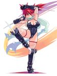  arm_blade arms_up blade blue_eyes breasts earrings fighting_stance full_body gloves highres jewelry large_breasts leg_up mugen_no_fantasia pointy_ears pose red_hair ryoji_(nomura_ryouji) scarf solo spiked_gloves spikes thighhighs tiptoes twintails weapon 