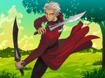  1024x768 1boy archer dual_swords fate/stay_night fate_(series) male male_focus nature outdoors silver_eyes silver_hair sky solo spiked_hair spiky_hair sword wallpaper weapon 