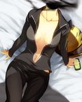  black_bodysuit bodysuit breasts celty_sturluson center_opening collarbone dullahan durarara!! from_above headless headwear_removed helmet helmet_removed long_sleeves medium_breasts nanamura open_clothes open_shirt pants shirt sitting solo 