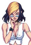  blue_eyes breasts cleavage gaia_online glasses lowres tattoo vanessa watch wrist_watch wristwatch 