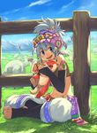  barefoot blue_eyes bridal_gauntlets closed_eyes cloud day detached_sleeves feet grey_hair head_scarf igarashi_youhei indian_style midriff monster mountain nail_polish original purple_nails scenery sheep sitting sky smile solo toeless_legwear toes windmill 