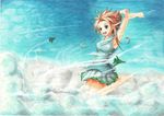  aircraft airplane armpits arms_behind_head arms_up bad_id bad_pixiv_id barefoot cloud copyright_request giantess green_eyes jet jumping kuro_oolong sky smile solo 