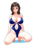  bare_shoulders barefoot breasts brown_eyes brown_hair cleavage groin huge_breasts jt_dong-agyoku navel one-piece_swimsuit original solo squatting swimsuit 