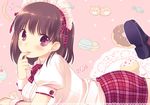  anegasaki_nene bad_id bad_pixiv_id bear brown_hair cookie coriinu cupcake doughnut food headdress licking love_plus macaron mole mole_under_eye plaid plaid_ribbon plaid_skirt purple_eyes ribbon shoes short_hair skirt solo waitress 