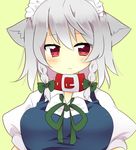  animal_ears bad_id bad_pixiv_id bow braid breasts dog_ears hair_bow ika izayoi_sakuya kemonomimi_mode large_breasts maid_headdress red_eyes ribbon short_hair silver_hair solo touhou twin_braids 