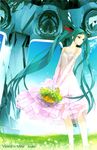  absurdres aqua_eyes aqua_hair bouquet breasts dress elbow_gloves flower gloves hatsune_miku highres long_hair redjuice small_breasts solo twintails very_long_hair vocaloid white_dress world_is_mine_(vocaloid) 