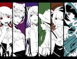  blue_eyes bow brown_eyes column_lineup flandre_scarlet fujiwara_no_mokou green_eyes hair_bow haruba_negi hat houjuu_nue komeiji_koishi letterboxed long_hair looking_at_viewer monochrome moriya_suwako multiple_girls nail_polish purple_eyes red_eyes sharp_teeth short_hair smile spot_color stage_connection teeth third_eye touhou wings yakumo_ran 