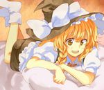  bad_id bad_pixiv_id bed blonde_hair braid hat kirisame_marisa kutsushita_(tokati_r) long_hair lying pillow socks solo touhou witch_hat yellow_eyes 