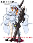  ac-130_spectre aircraft airplane android barefoot blue_eyes breasts cannon covered_nipples cyborg english gatling_gun glowing glowing_eyes grin gun hat heterochromia horror_(theme) hoshino_darts large_breasts mecha_musume orange_hair original personification simple_background smile solo torn_clothes weapon wings 