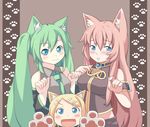  animal_ears aqua_eyes bad_id bad_pixiv_id blonde_hair blush cat_ears fang gloves hatsune_miku kagamine_rin long_hair masuneko megurine_luka multiple_girls paw_gloves paws smile twintails vocaloid 