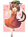  animal_ears brown_hair cat_ears cat_tail chen child earrings hat jewelry multiple_tails ram_hachimin red_eyes short_hair solo tail touhou 