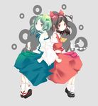  aya_mizu blue_eyes bow brown_hair detached_sleeves frog green_hair hair_bow hair_ornament hakurei_reimu kochiya_sanae multiple_girls red_eyes short_hair snake touhou 