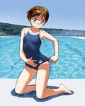  adjusting_clothes adjusting_swimsuit arena_(company) barefoot blue_eyes blush brown_hair competition_school_swimsuit day flat_chest full_body hands highres kneeling mu-pyon nose_blush one-piece_swimsuit original outdoors pool pool_ladder poolside school_swimsuit short_hair solo swimsuit very_short_hair wavy_mouth wet 