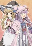  apron ayase_miko blonde_hair blush book closed_eyes dress frills hair_ribbon happy hat hat_ribbon kirisame_marisa laughing long_hair long_sleeves multiple_girls open_mouth patchouli_knowledge purple_hair ribbon role_reversal short_sleeves touhou yellow_eyes 