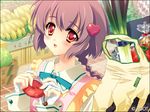  bag banana bandages blush braid carnelian coin_purse food fruit fujita_nodoka game_cg groceries hair_ornament hairclip happy heart heart_hair_ornament holding para-sol pink_eyes purple_hair shopping solo spring_onion tomato watermark 